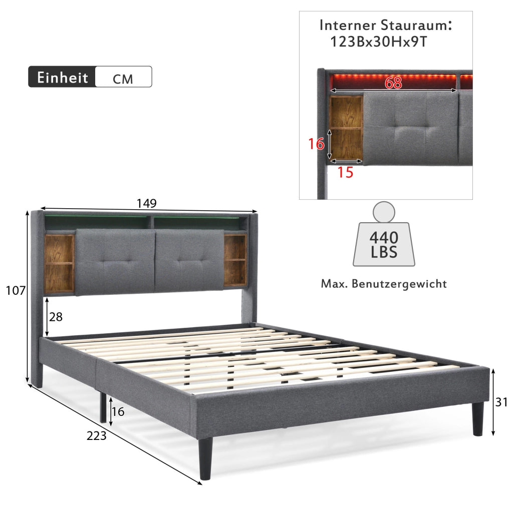 Letto imbottito 140x200 cm grigio con testiera contenitore, LED, USB e materasso H3