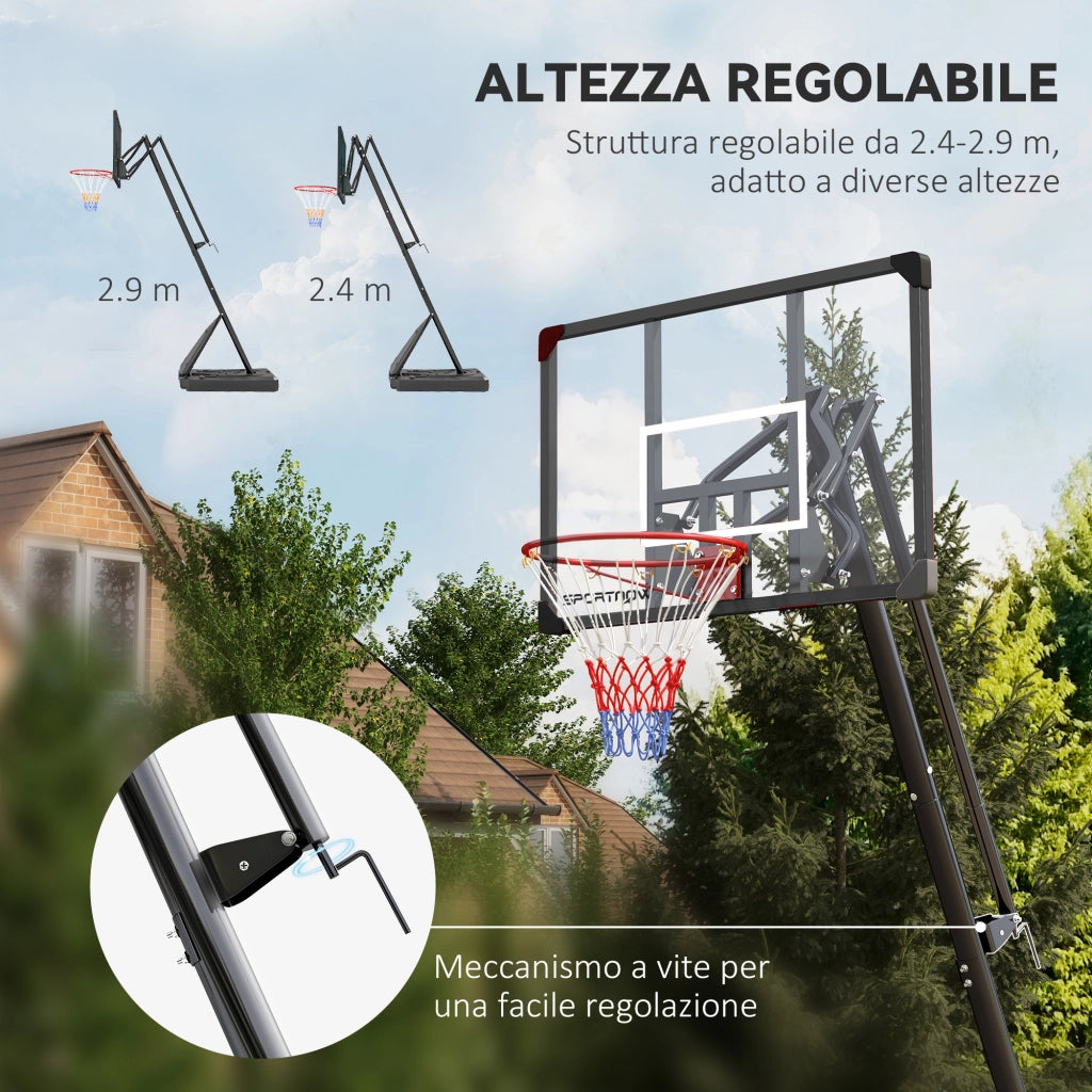 Canestro Basket in Acciaio. Regolabile in Altezza e portatile con Tabellone e Ruote. 107x70cm. Nero e rosso