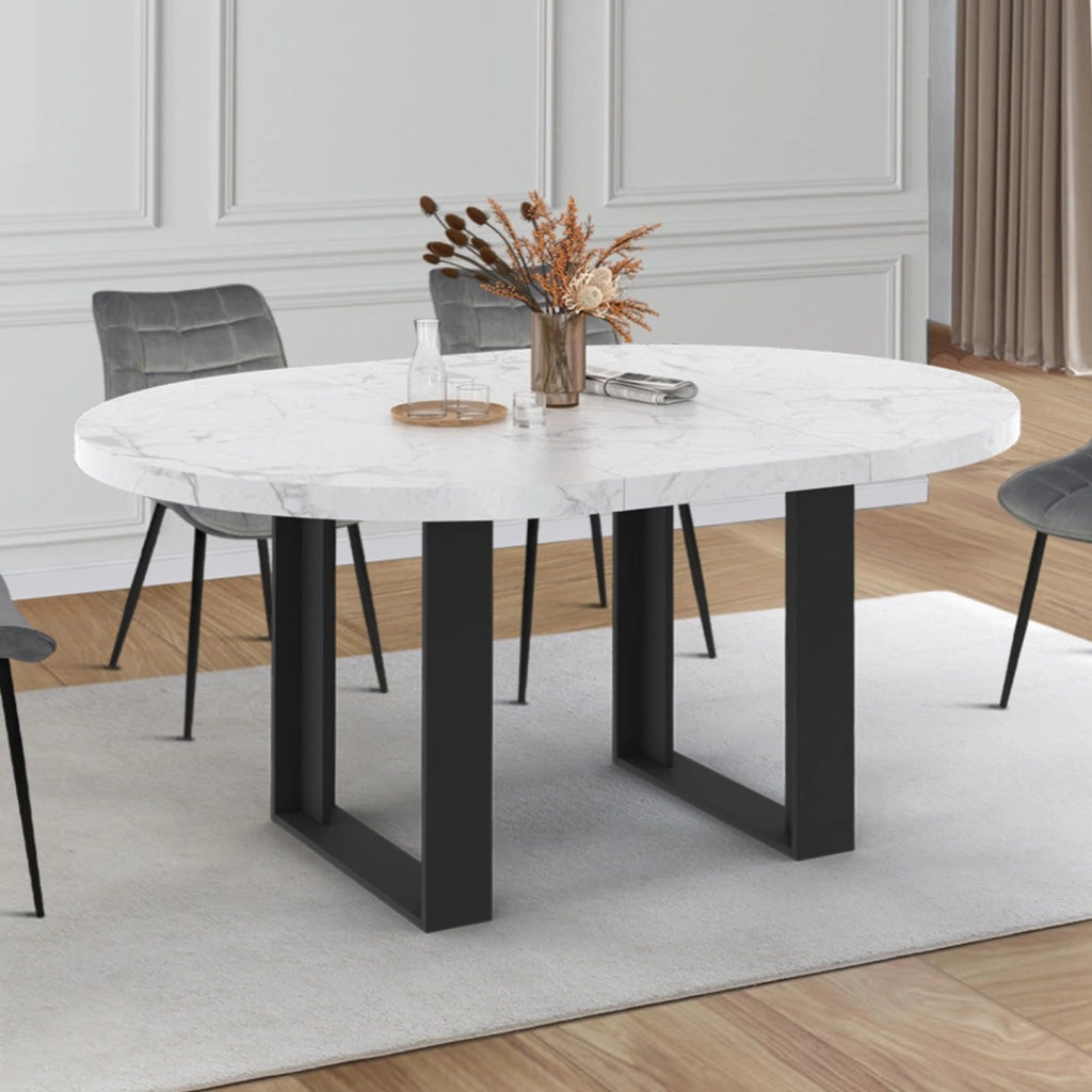 Tavolo da pranzo rotondo allungabile PHOENIX 4-6 persone con piano effetto marmo bianco ALASKA 110-150 cm
