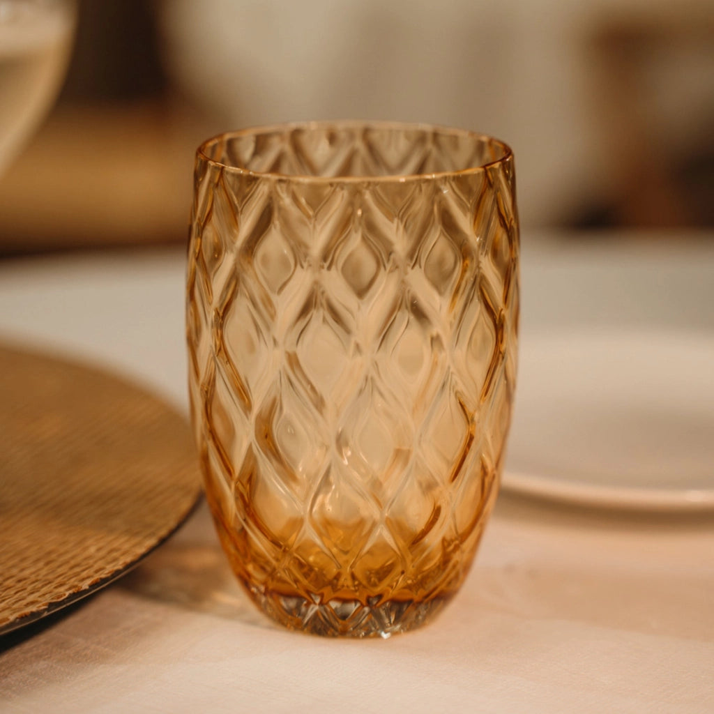 Set 6 Bicchieri Tumbler Losanghe in Vetro Soffiato a Bocca Colore Ambra, Design a Rombi Raffinato ed Elegante per una Tavola di Grande Stile