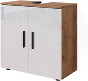 Mobile sottolavabo per bagno Irma, Bianco lucido/oro power oak, 60 x 59 cm, con ritaglio per sifone e ripiano interno per conservazione