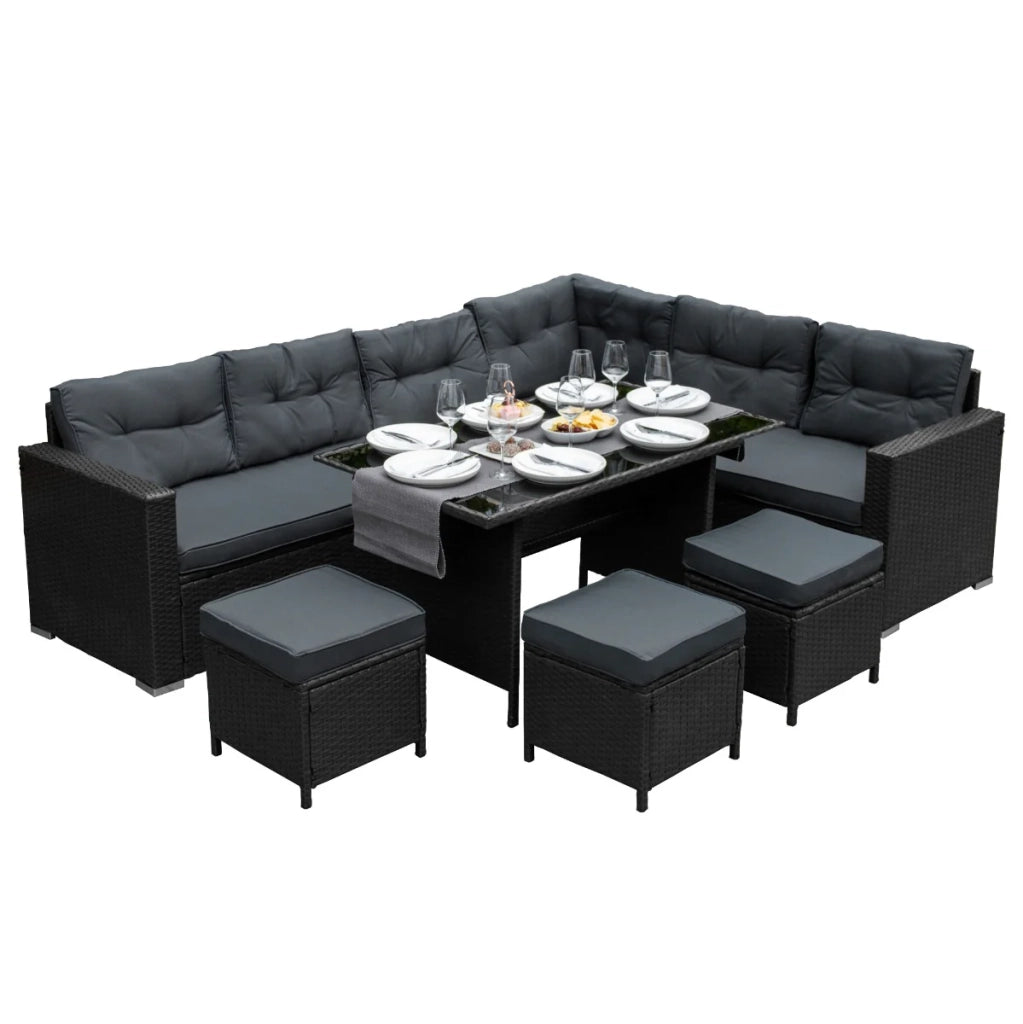 Set d'angolo in rattan Mobili da giardino Nero Divano Sgabelli Tavolo Cuscini Impermeabili