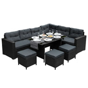 Set d'angolo in rattan Mobili da giardino Nero Divano Sgabelli Tavolo Cuscini Impermeabili
