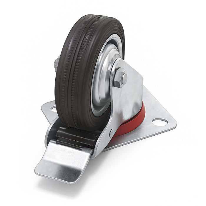 Set 4 ruote piroettanti, freno doppio blocco, Rotella 75mm max 50kg, metallo e gomma piena