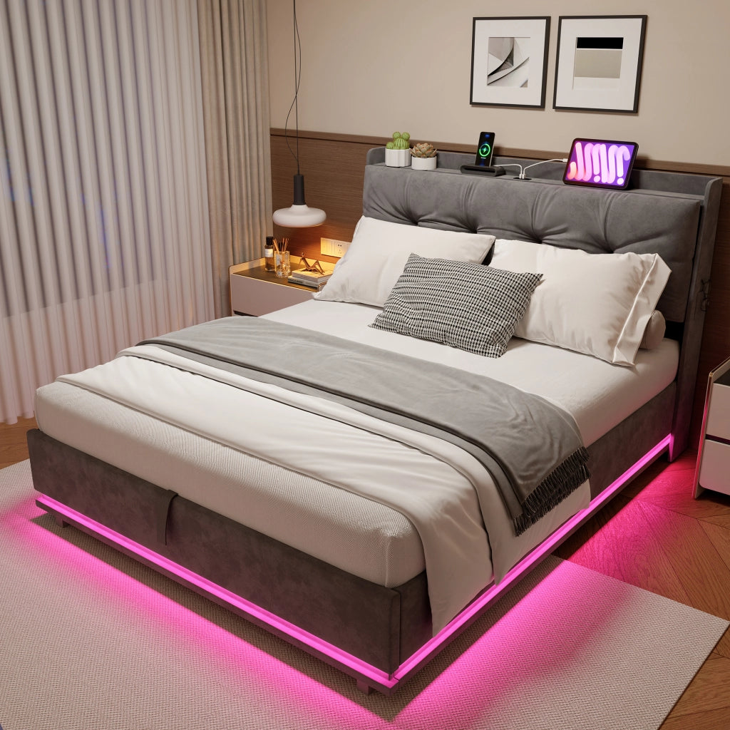 Letto matrimoniale 160x200 cm con contenitore;struttura letto con testiera imbottita e rete a doghe  LED e USB  rivestimento in velluto -beige