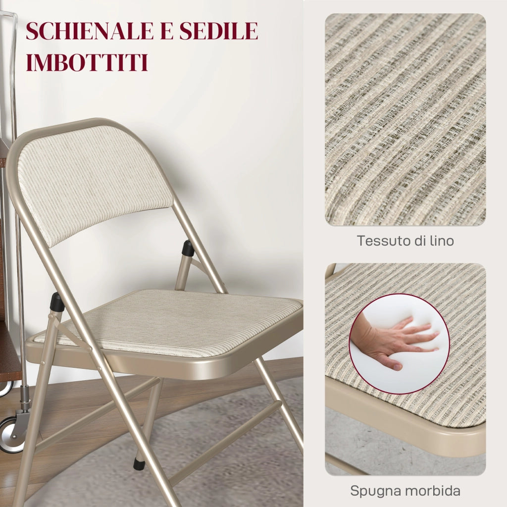 Set di 6 Sedie Pieghevoli Moderne in Acciaio e Poliestere. 45x46x78 cm. Beige