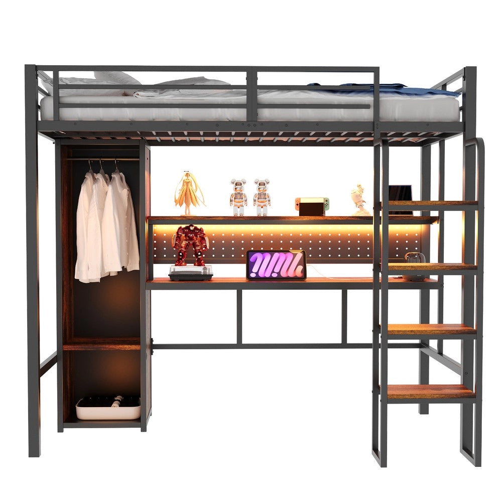 Letto a Soppalco con Scrivania e LED ¨C MINIMAL ¨C Metallo Nero 90x200