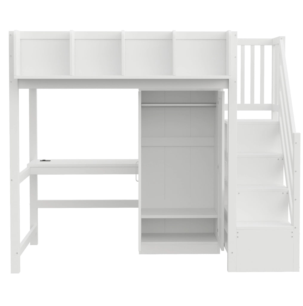 Letto a soppalco 90x200 cm con scrivania; armadio; LED e prese; bianco