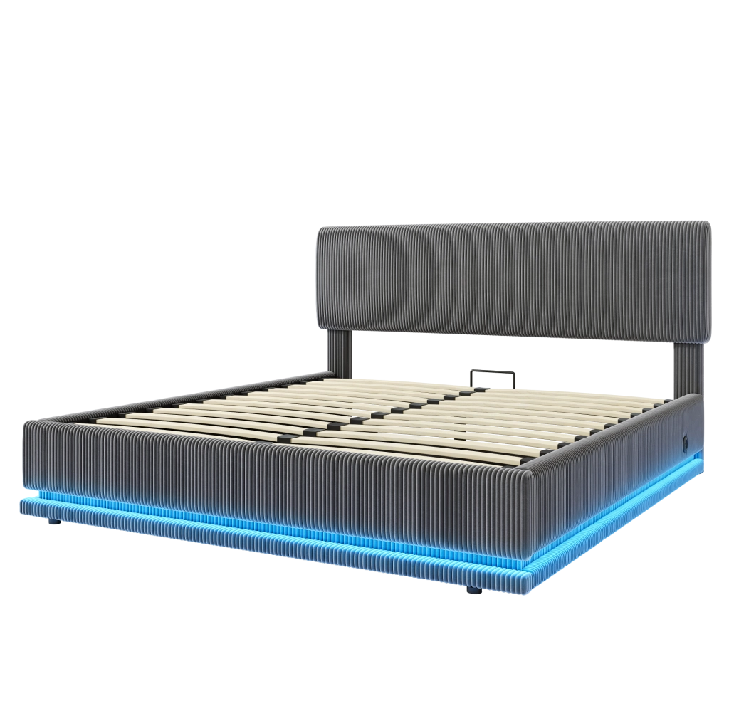 Letto imbottito 160x200 cm con LED, USB-C e contenitore