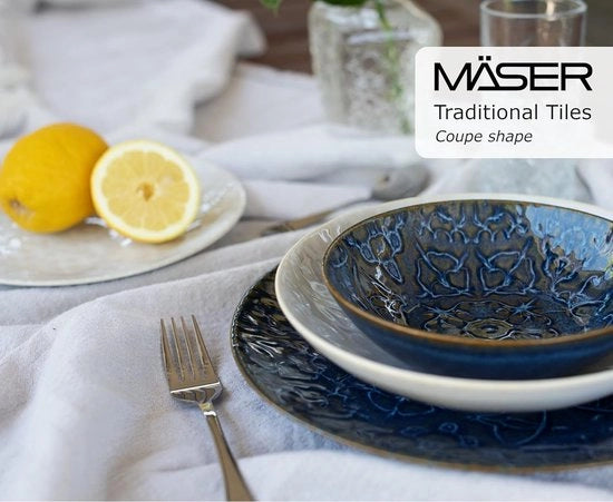 Servizio da tavola per 2 persone in stile Mauro, 8 pezzi composto da piatti e scodelle in ceramica di alta qualità, blu.