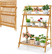 Scaffale Porta Piante Pieghevole in Bambù, Scaffale a Scala per Piante e Fiori con 3 Ripiani, Portapiante da Interno ed Esterno, Ideale per Terrazza, Giardino, Balcone e Portico
