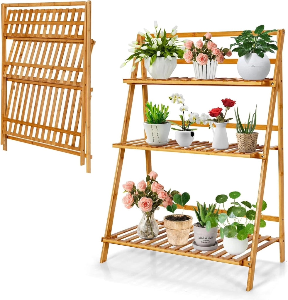 Scaffale Porta Piante Pieghevole in Bambù, Scaffale a Scala per Piante e Fiori con 3 Ripiani, Portapiante da Interno ed Esterno, Ideale per Terrazza, Giardino, Balcone e Portico