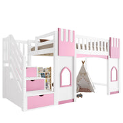 Letto a Soppalco 90x200 cm - Scala Contenitore; 2 Finestre e Parapetto - Bianco Rosa