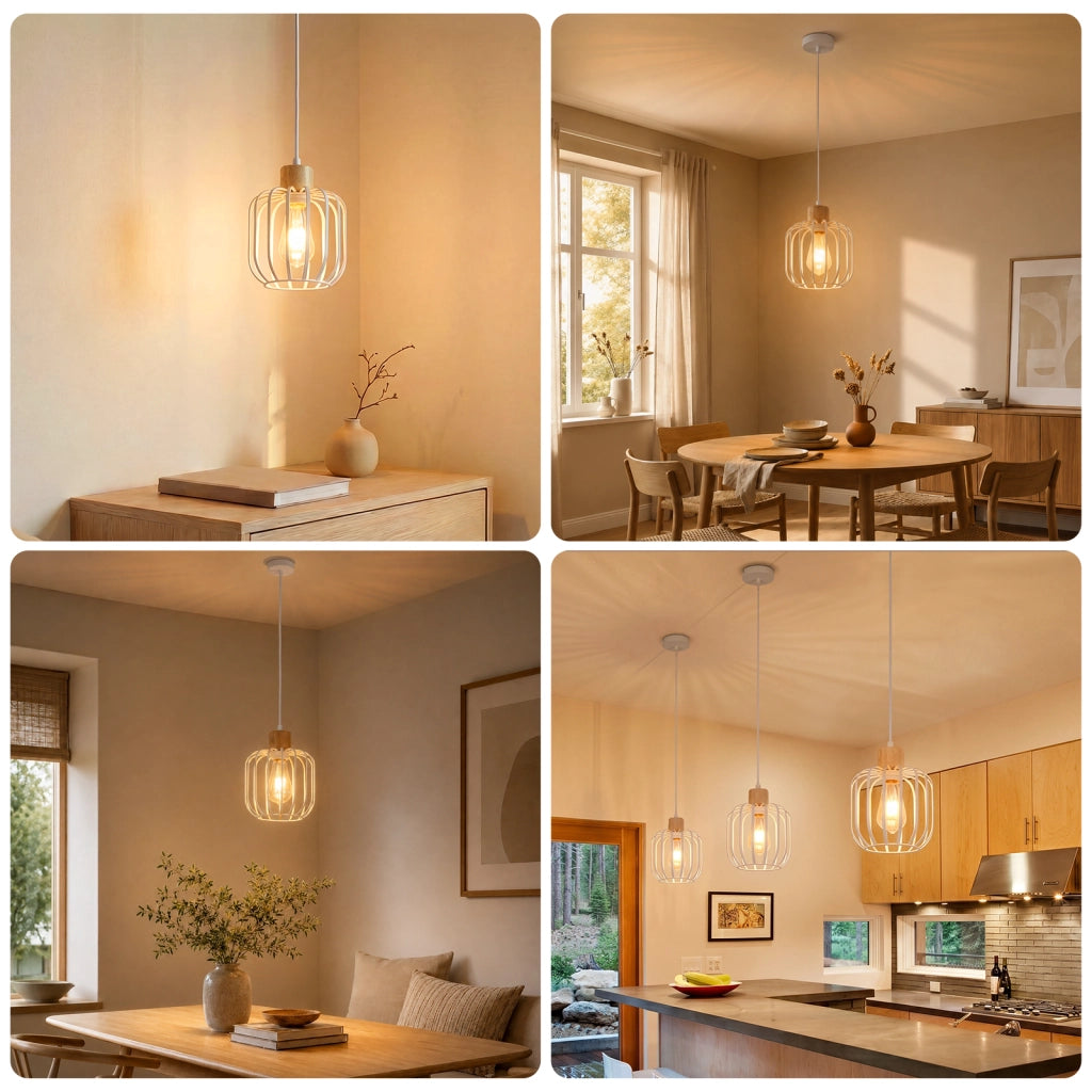 ZMH Lampada a Sospensione 1 Luce Bianco Legno E27 Moderna per Soggiorno Cucina Isola Corridoio Senza Lampadina