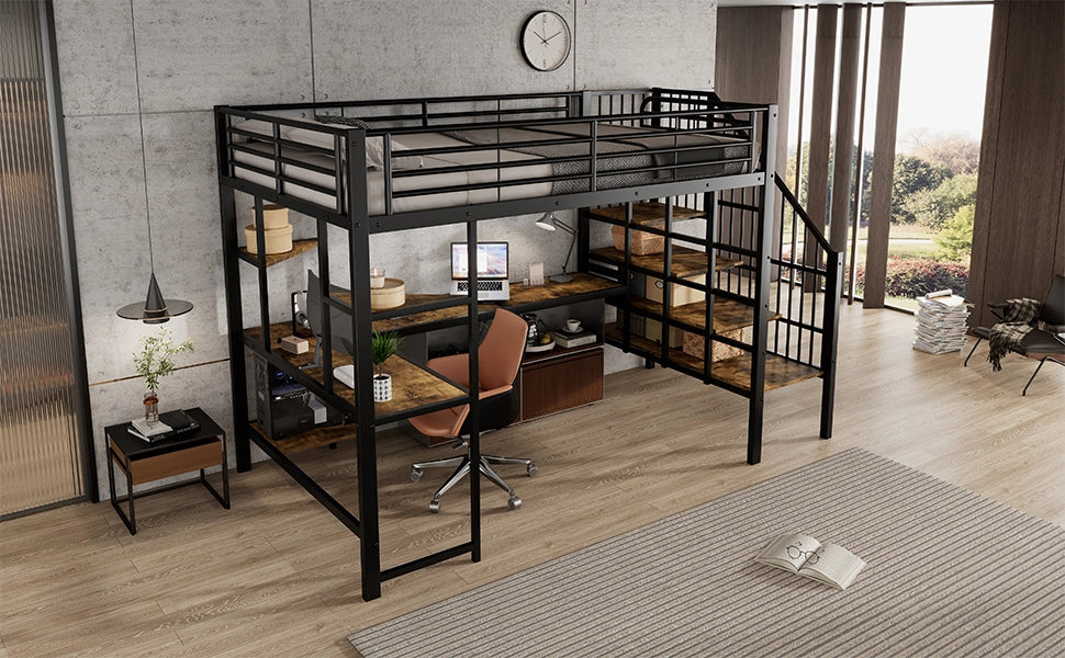 Letto a castello in ferro e MDF nero e noce scuro con scala d'angolo 120x200cm