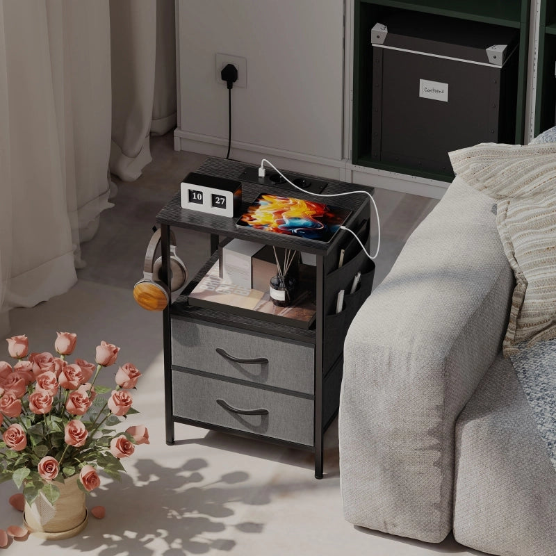 Comodino con 2 cassetti; vano aperto; tasca e ganci; prese integrate; per camera da letto; 40×30×60 cm; nero