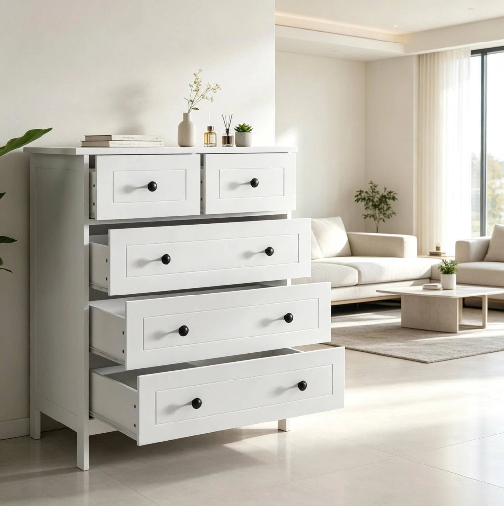 Cassettiera a 5 cassetti 74x40x91 cm in MDF e truciolare bianca