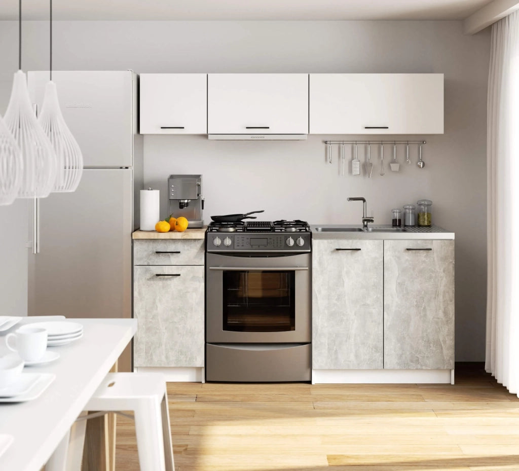 AKORD Set di Mobili da Cucina OLIWIA G1 180 cm Bianco 180 cm 6 ante 1 cassetto inserto frontale Cemento 180x46x174 cm