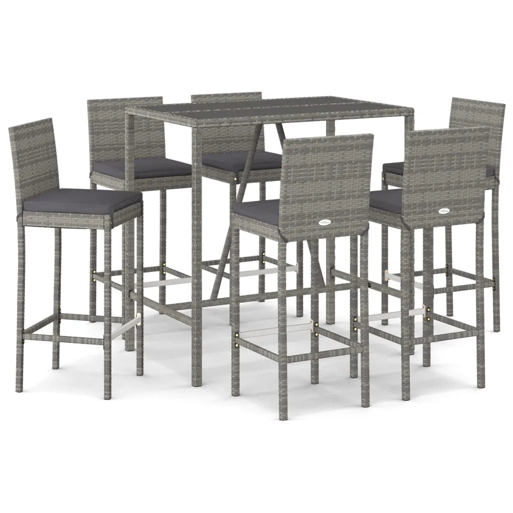 Set Bar da Giardino 7 pz con Cuscini in Polyrattan Grigiocod mxl 100661