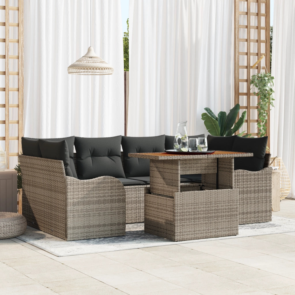 Set Divano da Giardino 7 Pezzi con Cuscini Grigio Rattan Polietilene Acacia