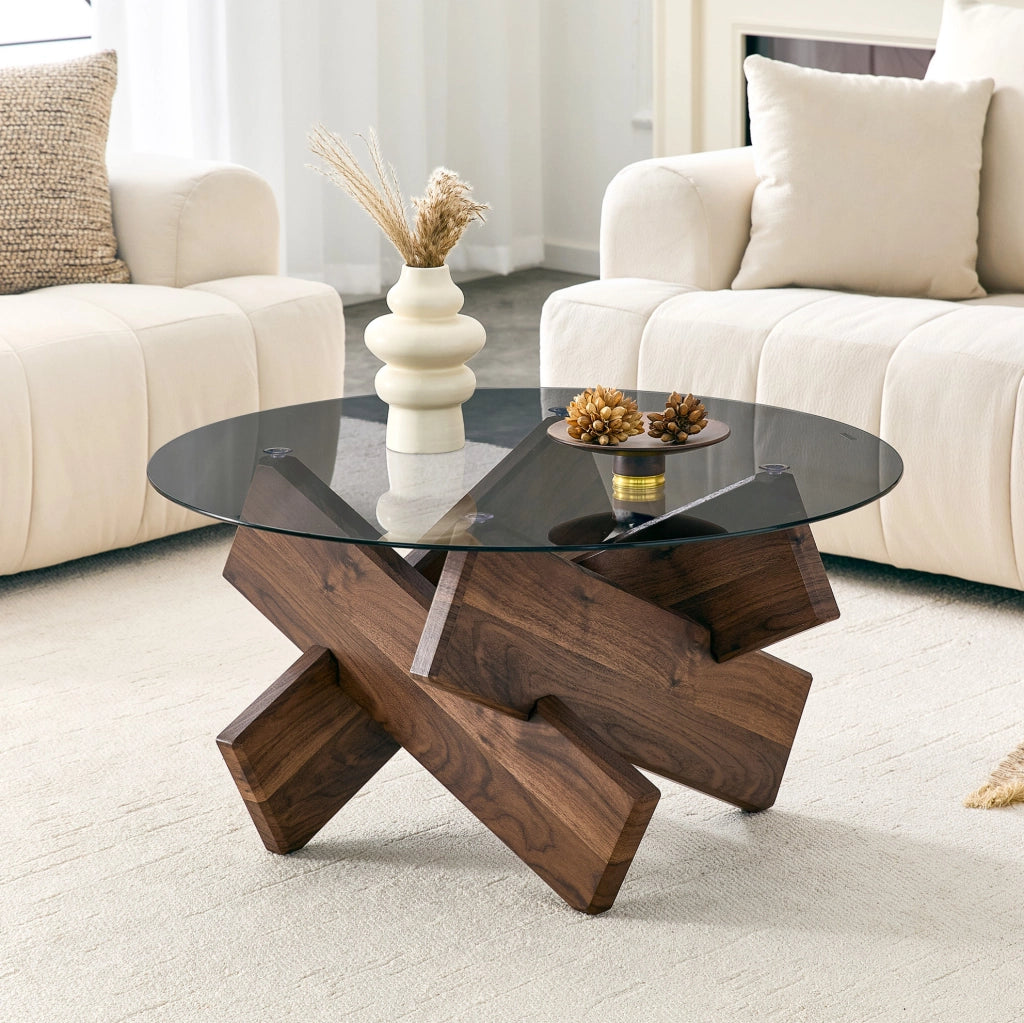 Tavolino basso rotondo Ø 79 cm noce MDF e vetro temperato; base geometrica