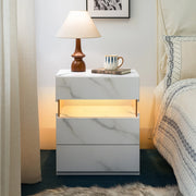 Comodino con luce LED e 3 cassetti in legno ingegnerizzato con pannello acrilico per camera da letto, bianco
