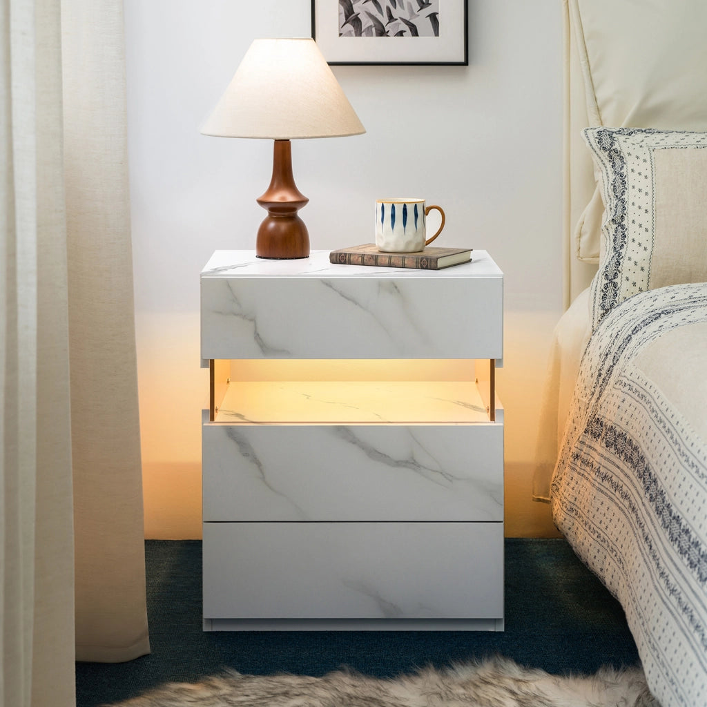 Comodino con luce LED e 3 cassetti in legno ingegnerizzato con pannello acrilico per camera da letto, bianco