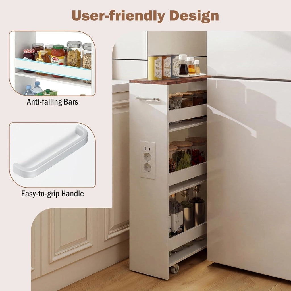 Scaffale per Nicchia da 20 cm di Larghezza, con Base di Ricarica, 4 Piani in Legno su Ruote, Scaffale Sottile per Cucina e Bagno, Carrello a Rotelle (Industriale+Bianco, Largo 20cm, con presa)