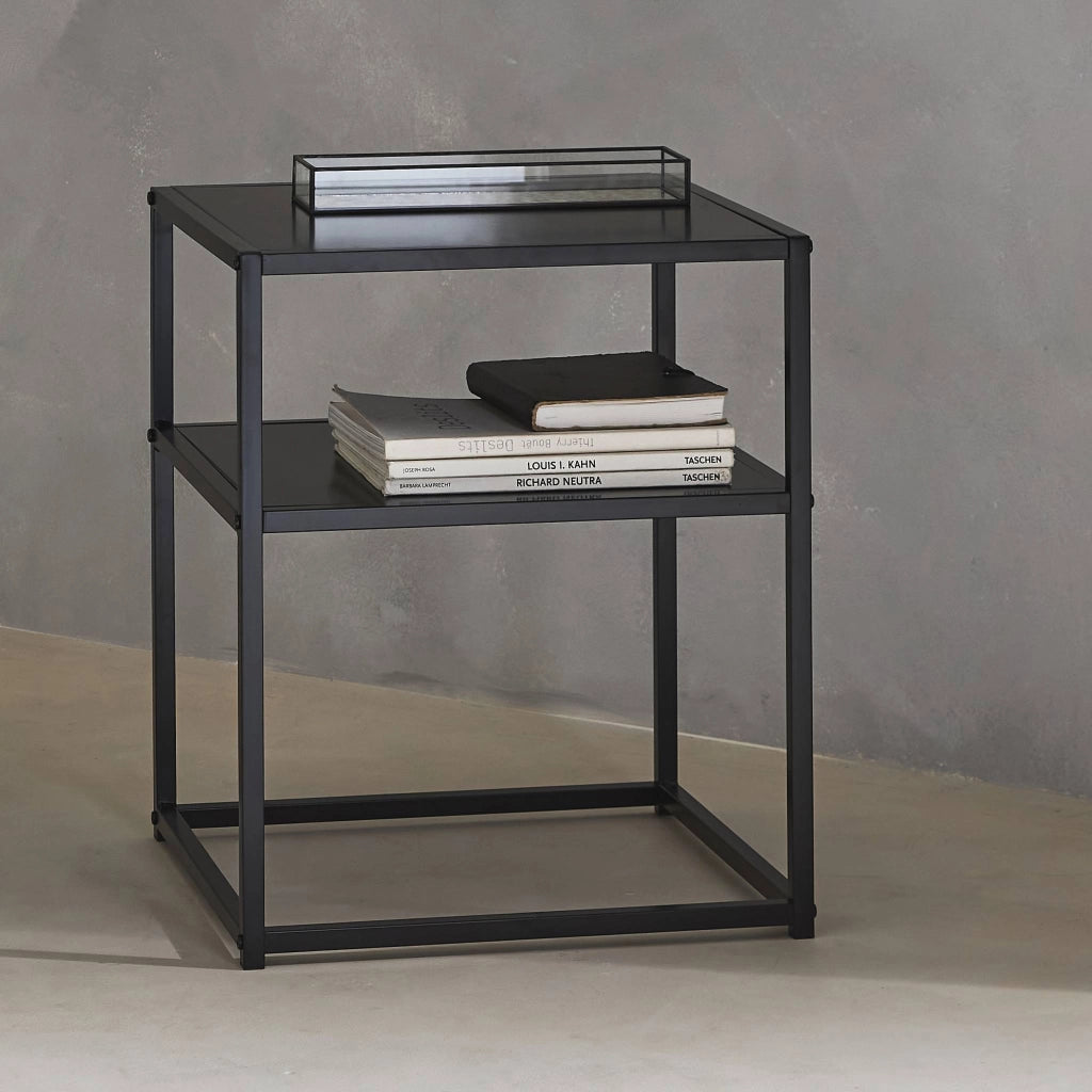 Comodino in metallo nero con ripiano, nero