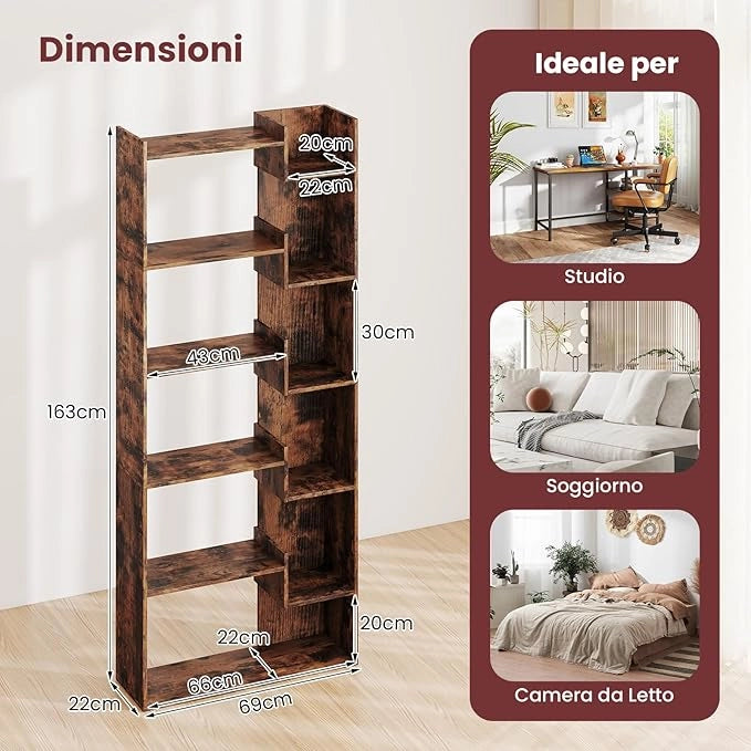 Libreria a 6 Ripiani, Scaffale Alto Salvaspazio in Legno, Libreria Moderna per Studio, Ufficio, Soggiorno e Camera da Letto, 69 x 22 x 163 cm (Marrone)