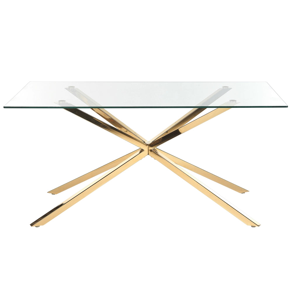 Tavolo da pranzo rettangolare con piano in vetro temperato trasparente 160 x 90 cm gambe in oro 4 persone design moderno