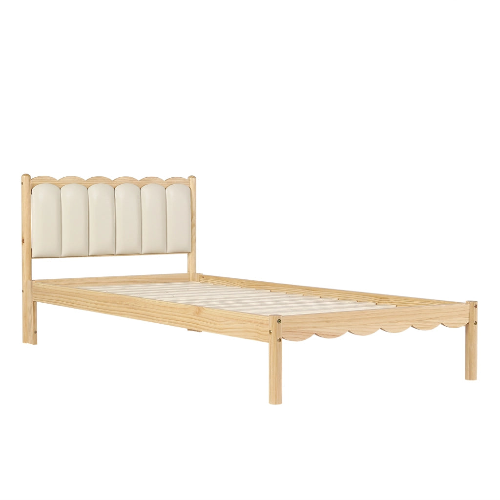 Letto per Bambini 90 x 200 cm - Testiera Imbottita in PU e Doghe in Legno - Beige