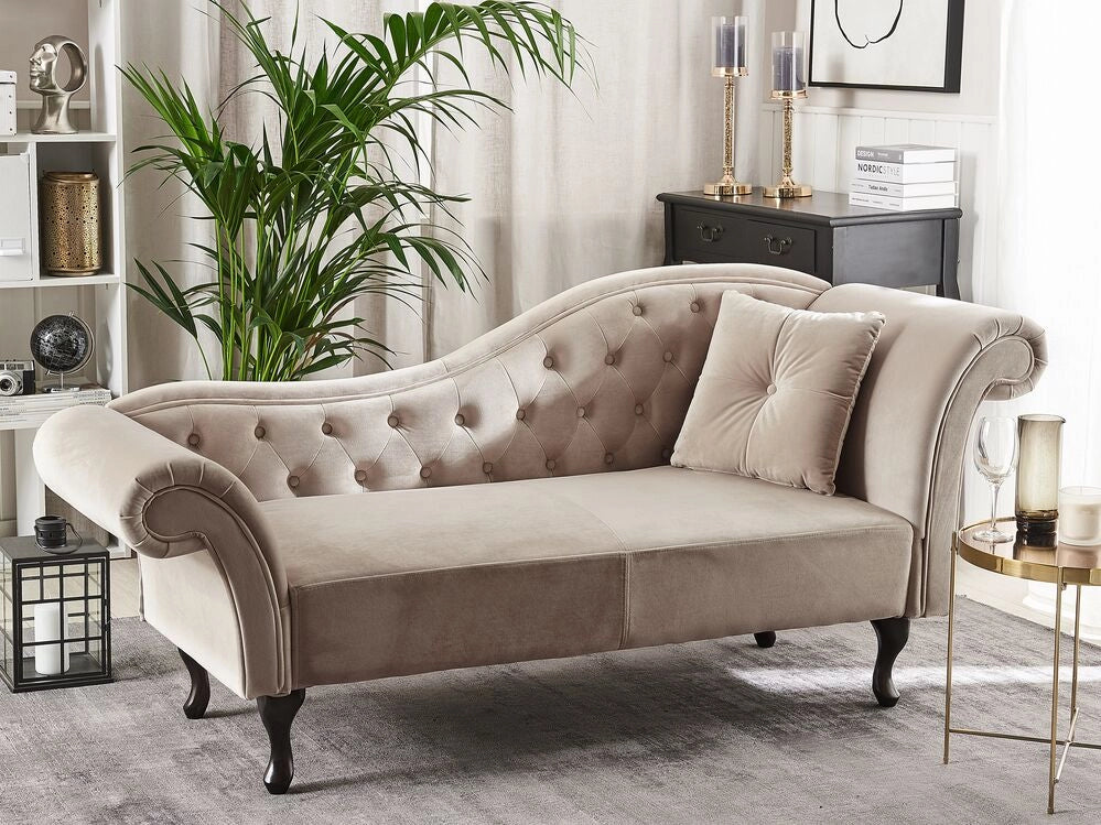 Chaise longue Beige Velluto Tappezzeria versione destra Chesterfield Bottone Tufting Beige Retro