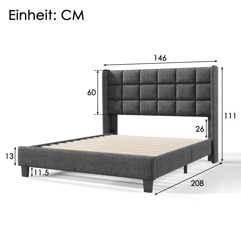Letto imbottito 140x200 cm in grigio con rete a doghe e testiera alta