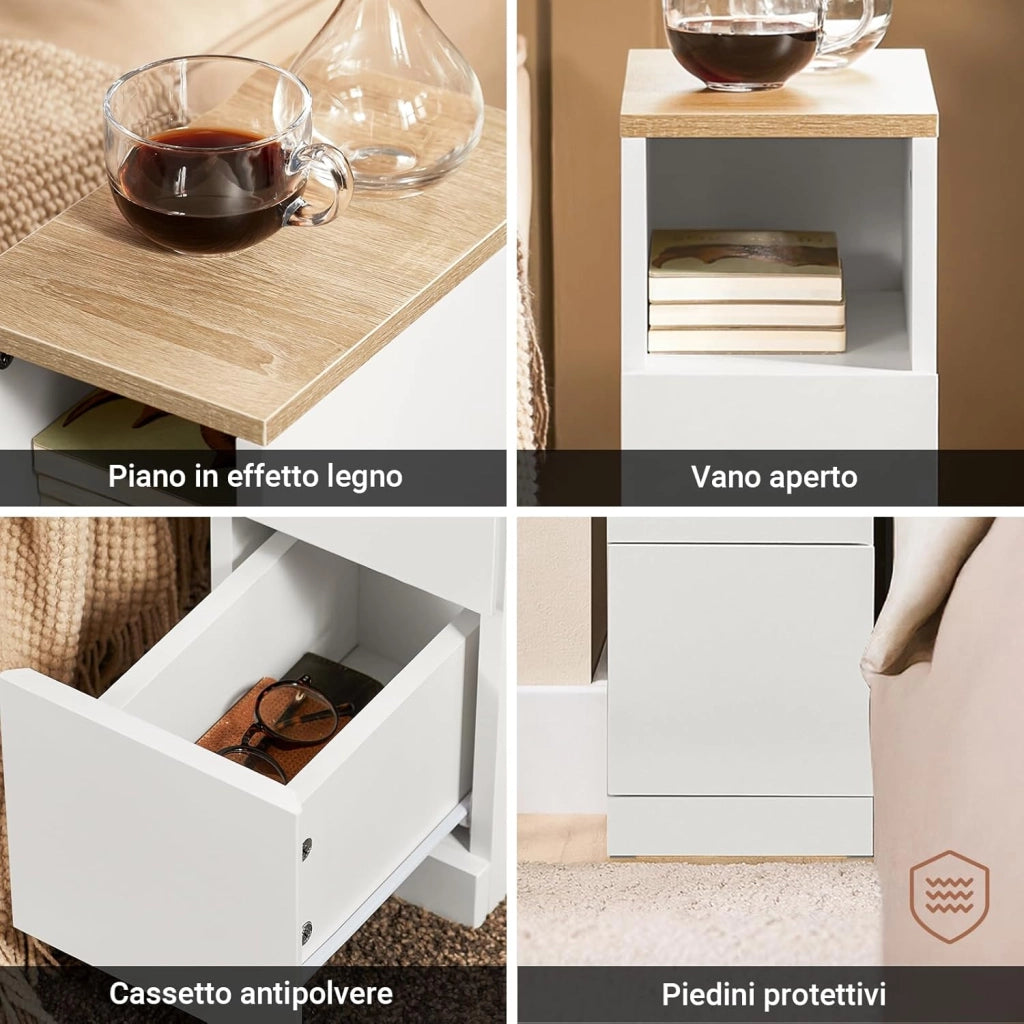 comodino camera da letto stretto 20 cm, tavolino da letto & tavolino salotto con 2 cassetti, mobile salvaspazio per camera e nicchie, ideale per inquilini e letto a molle, bianco, 20x35x60 cm