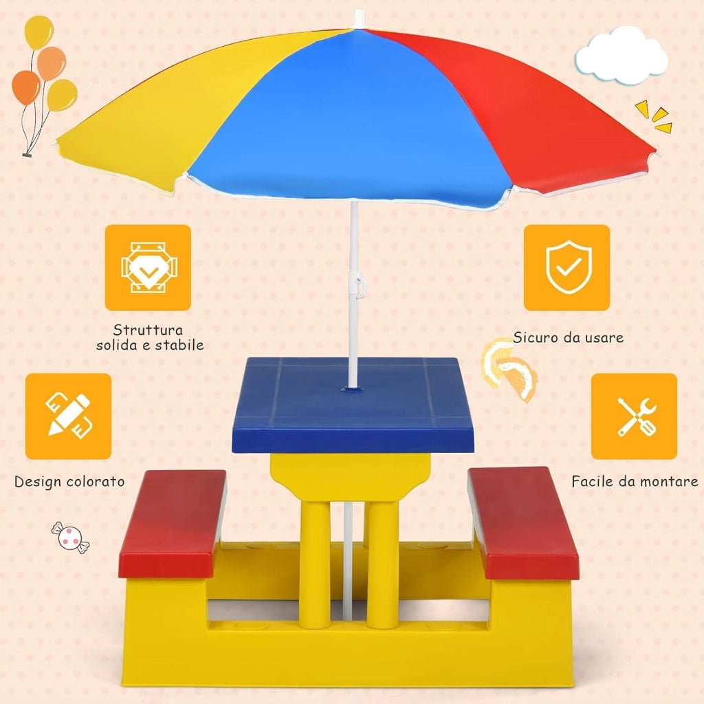 Tavolo da Picnic per Bambini con Parasole Pieghevole, Set di Tavolo e Panche per Festa e Picnic (Colore 1)