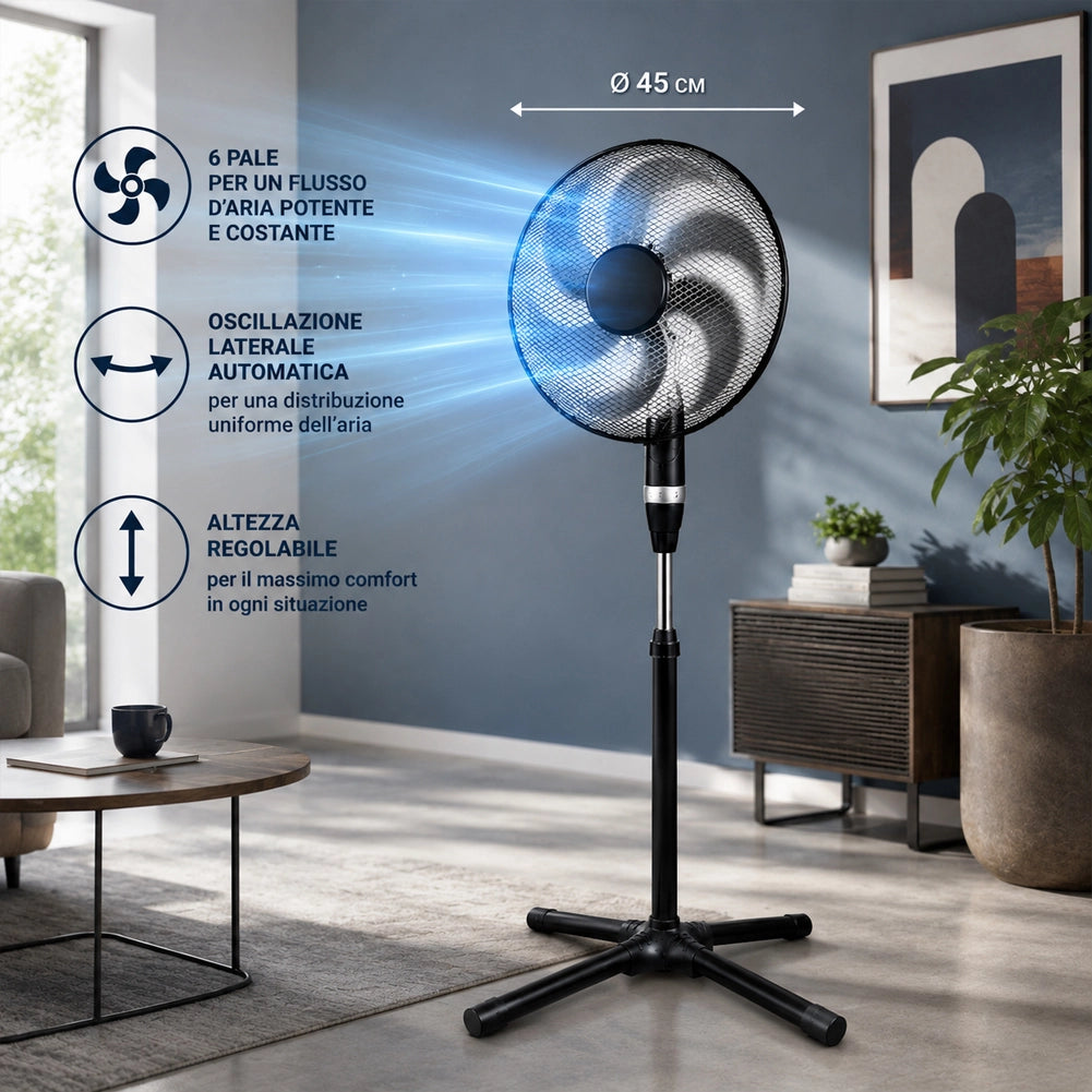 Ventilatore a Piantana 75W con 6 Pale Diametro 40cm e Griglia 45cm 3 Velocità