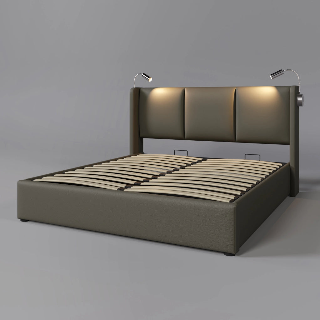 Letto matrimoniale imbottito 140x200 cm in PU grigio con testiera; luce da lettura; USB e contenitore