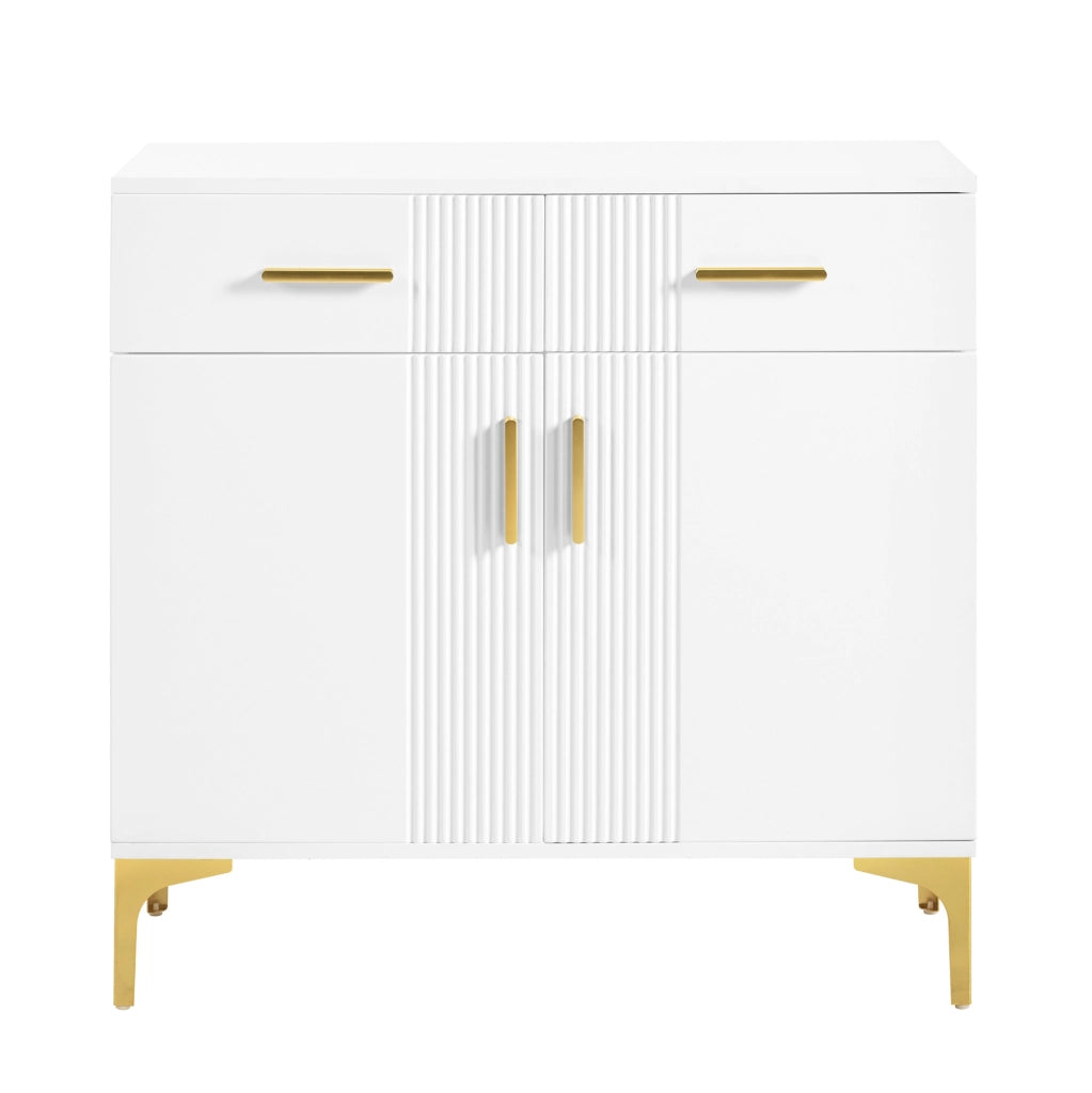 Credenza con 2 ante e 2 cassetti 80x35x79;5 cm in MDF bianco con frontali ondulati