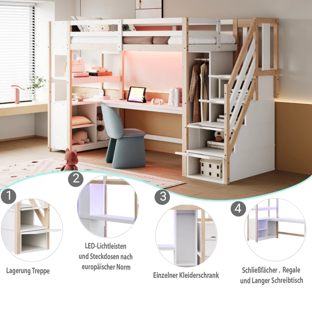 Letto a soppalco singolo 90×200 cm con scrivania; armadio; LED; scala con vani e ripiani; senza materasso