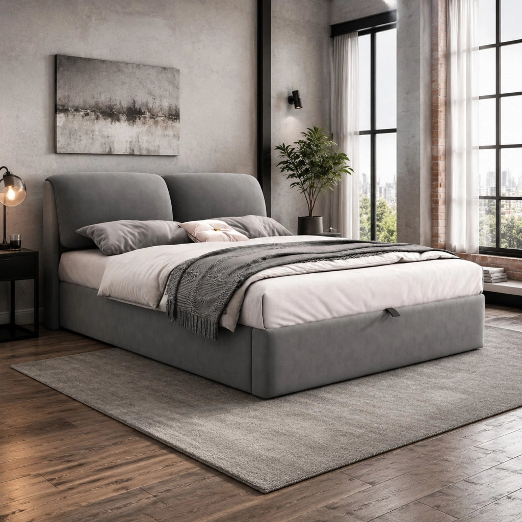 Letto imbottito 140x200 in velluto grigio con 3 cassetti, contenitore idraulico, rete a doghe e testiera regolabile