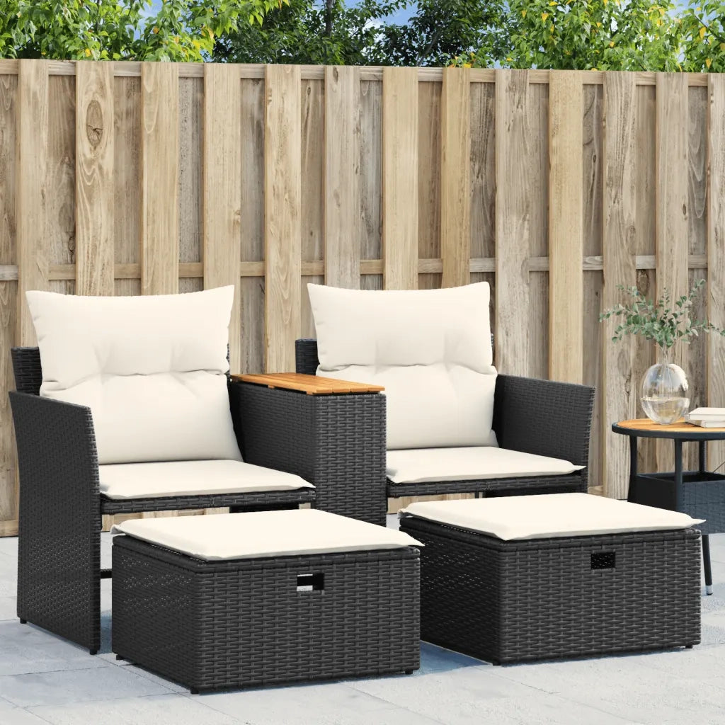 Divano da Giardino 2 Posti con Sgabelli Nero in Polyrattan 365803