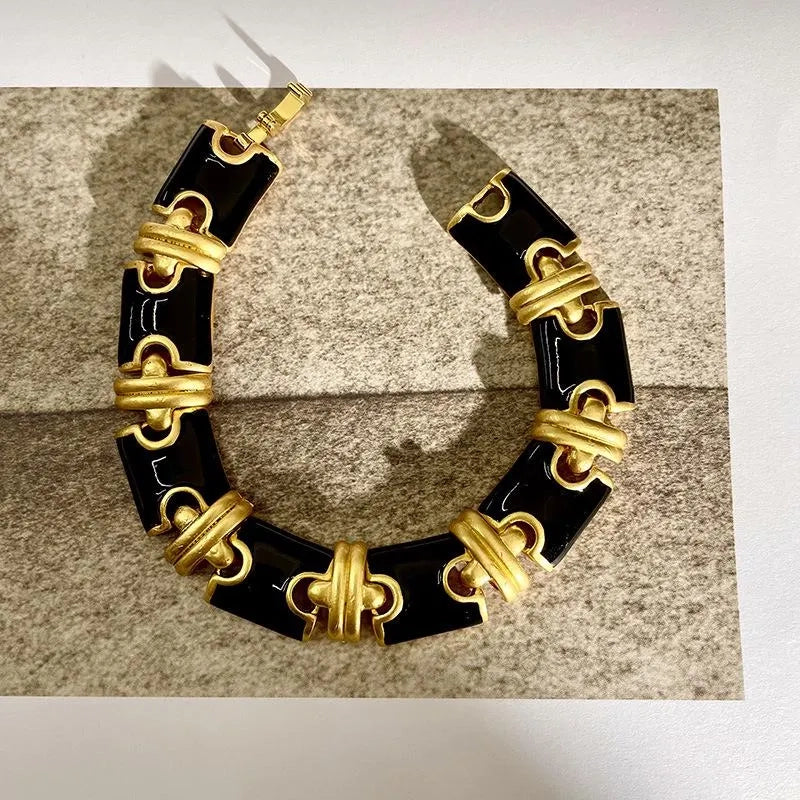 Collana, orecchini e bracciale vintage in smalto nero a goccia, realizzati a mano, regalo di Natale o compleanno.