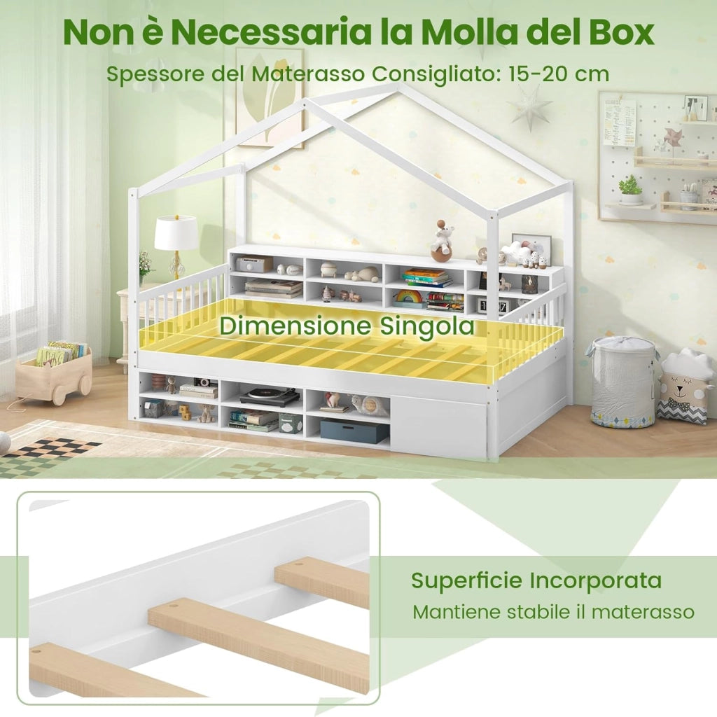 Letto a Castello con Tetto, Letto Singolo per bambini con Struttura in Legno 14 Cubi di Stoccaggio e un Armadio, Struttura Letto 100x190 cm, Carico 200 kg