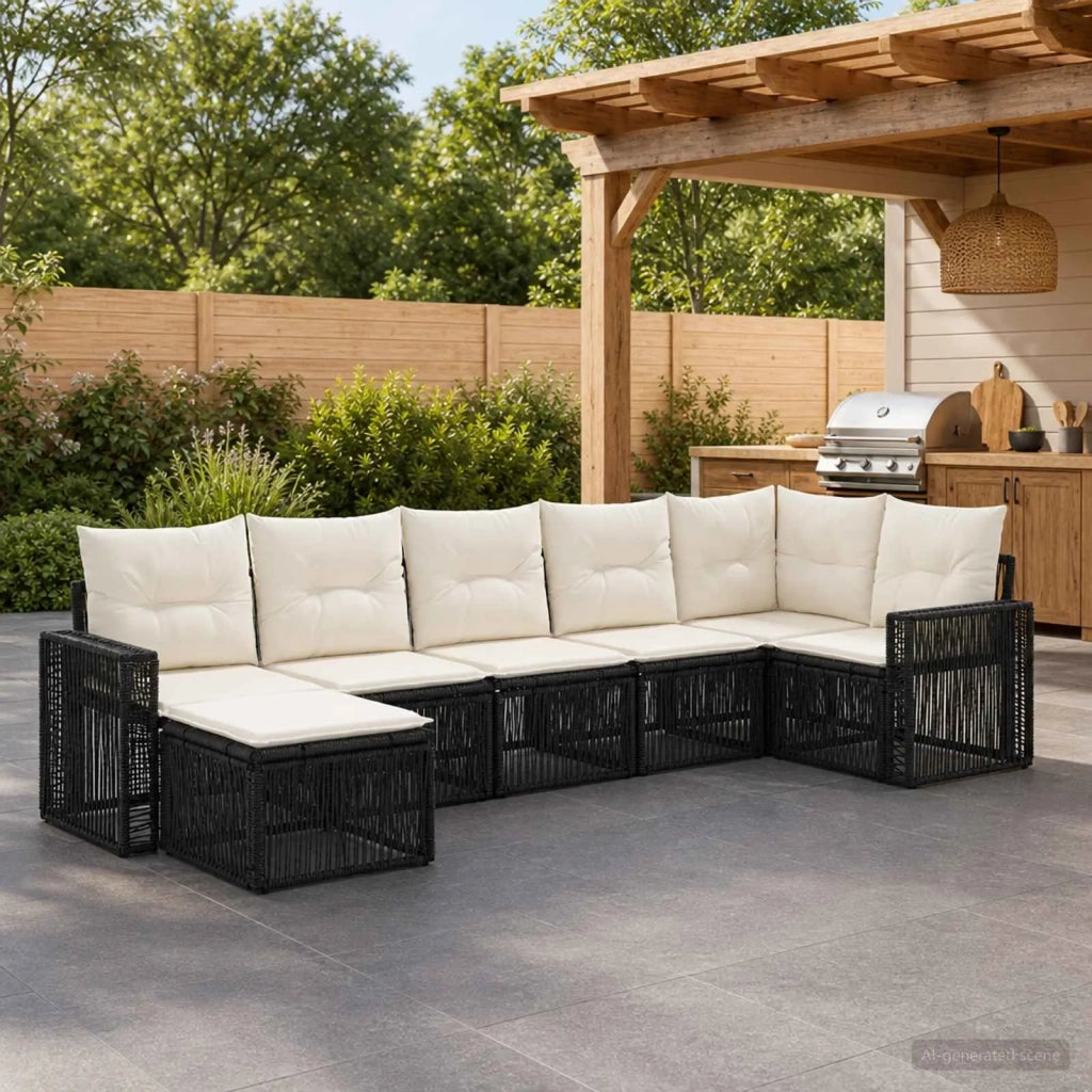 Set Divano da Giardino 7 pz Nero e Bianco Crema polyrattan 3435196