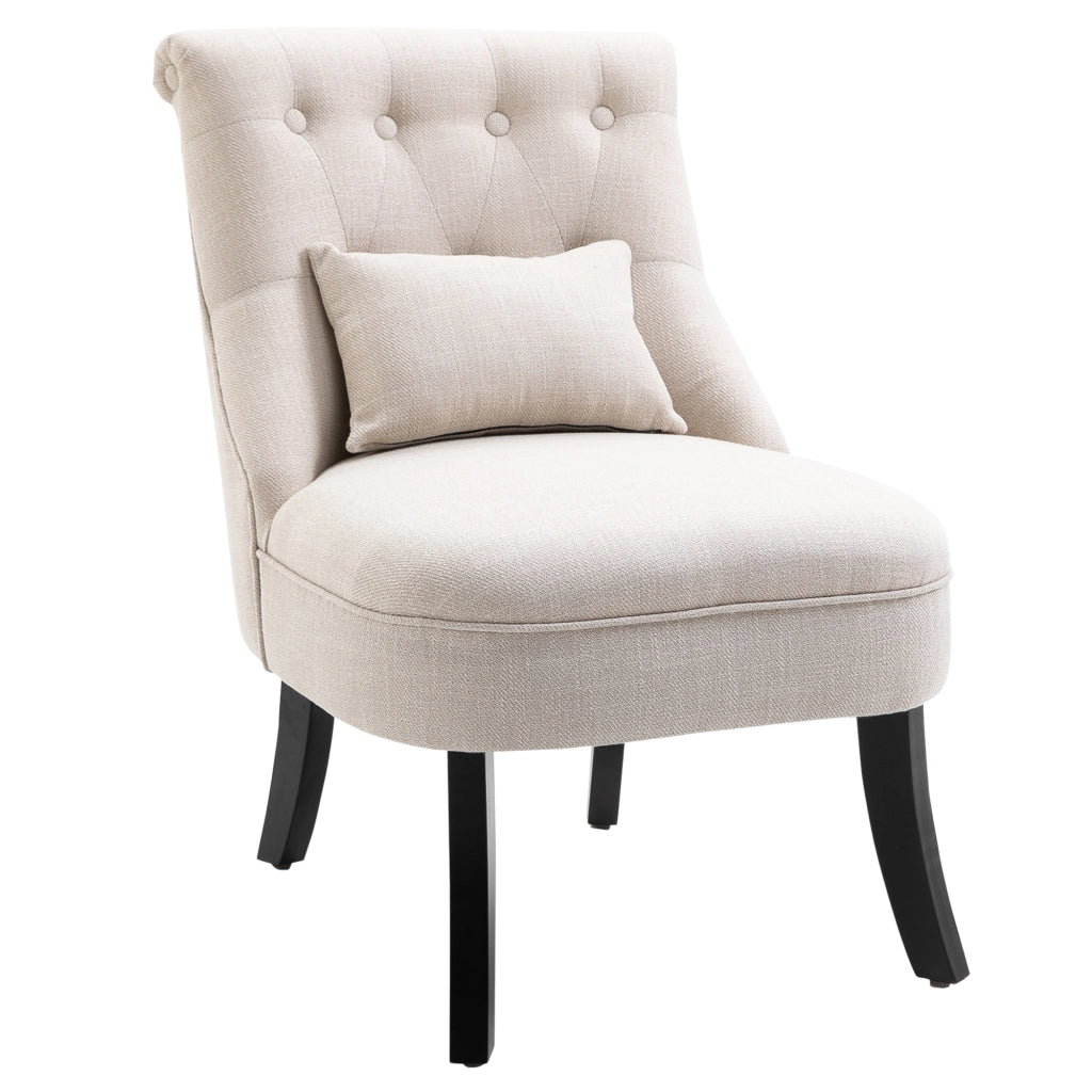 Poltrona relax vintage in tessuto effetto lino crema con cuscino lombare e gambe in legno 52,5x69x77 cm