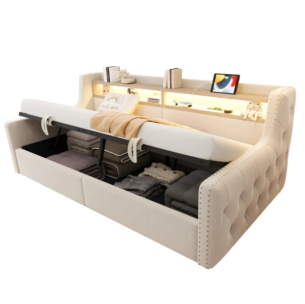 Divano letto imbottito 90x200 cm con vano contenitore e LED beige