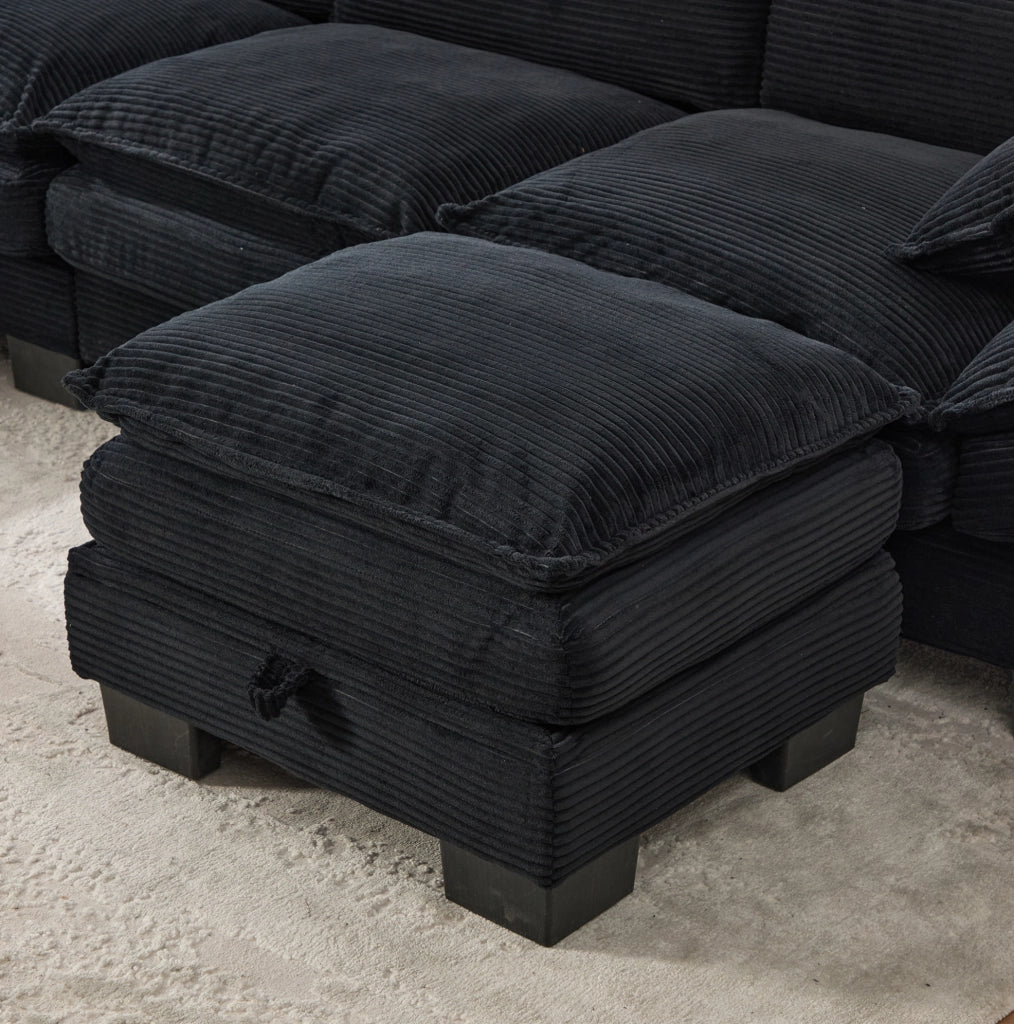 Divano 2 posti in velluto a coste con pouf, USB-C e tasche
