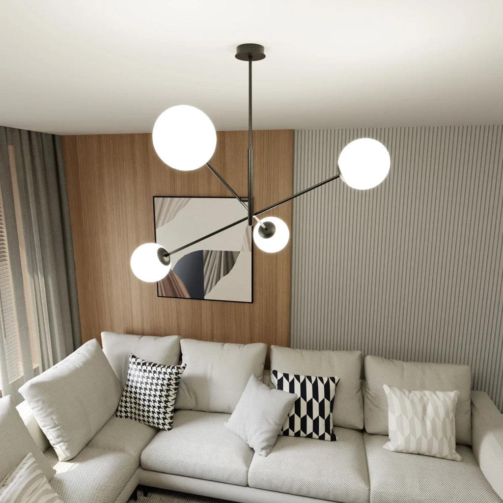 Lampadario 4 Luci Yama In Acciao Nero Con Bracci Regolabili E Vetro Opale
