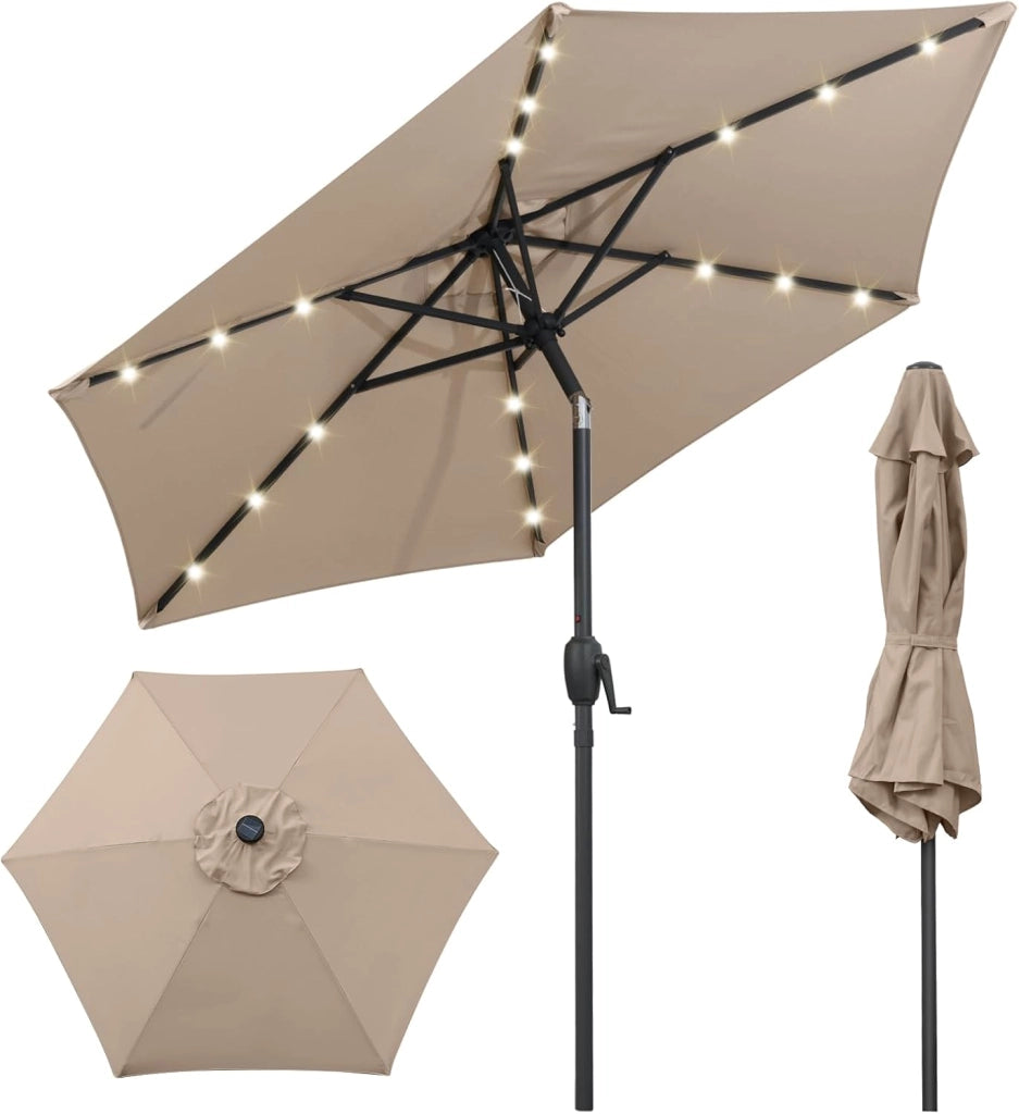 Ombrellone da Giardino 230 cm, Ombrello per Esterni con inclinazione Regolabile, 18 Luci LED, Manovella e Tettuccio Ventilato, Ombrello per Giardino, Cortile, Piscina (Marrone)